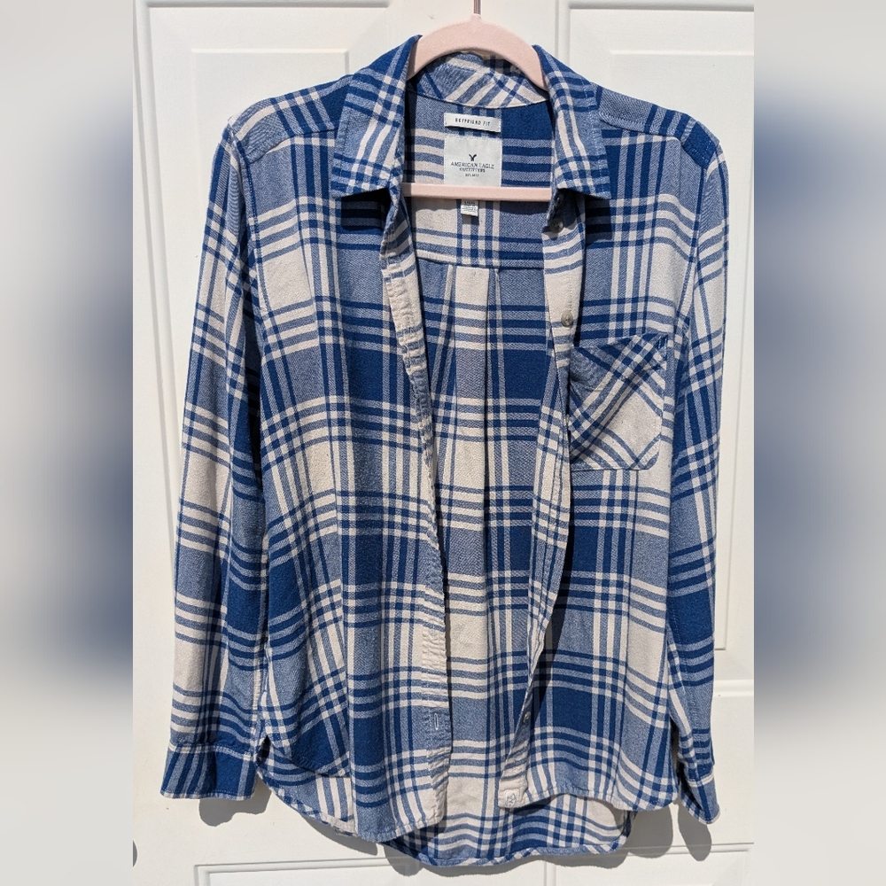 American Eagle Plaid Button Up Boyfriend Flannel Shirt Cozy Comfy Soft Large